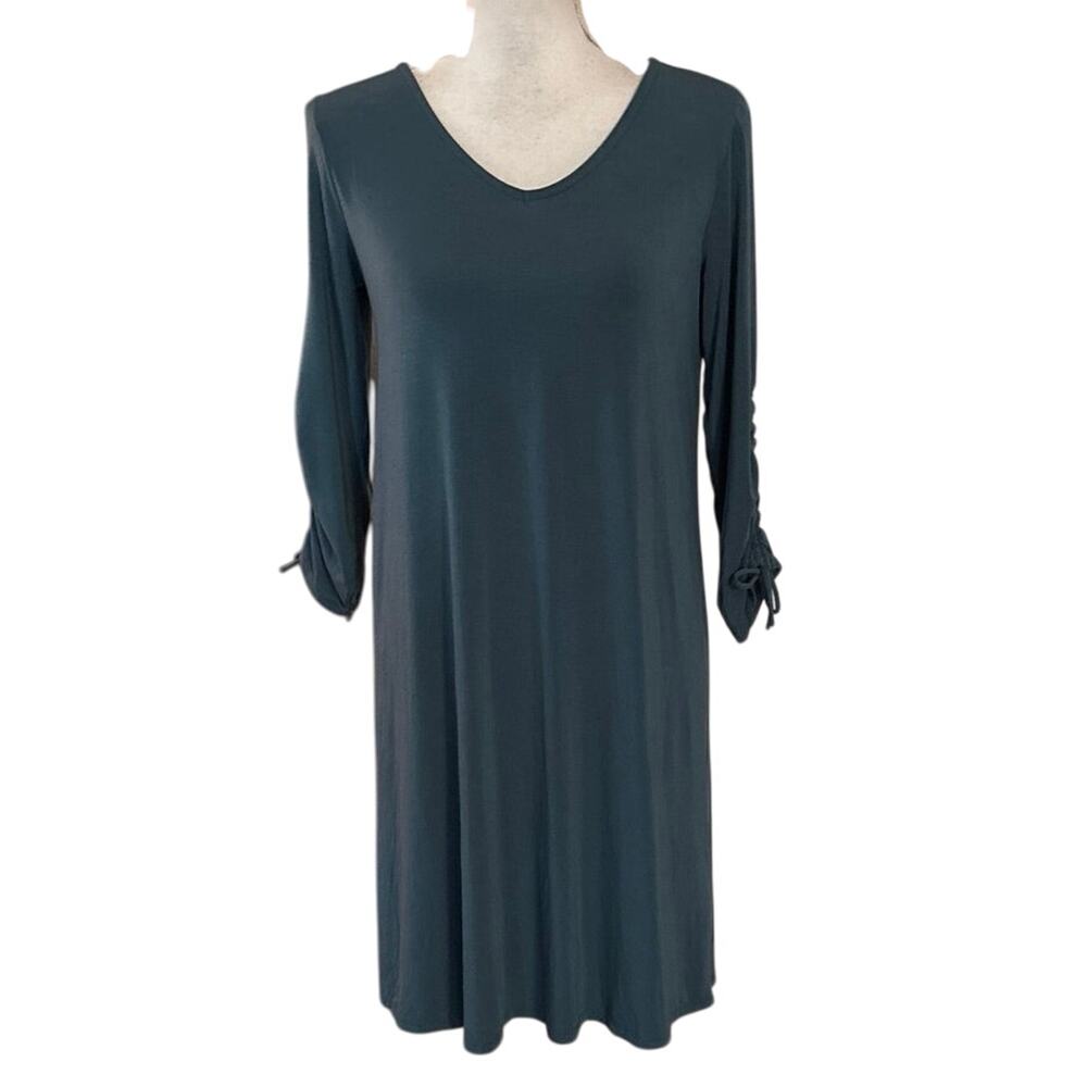 Garnet Hill Size XS V Neck Tie Sleeve Dress Tencel Mini Teal - Picture 2 of 6